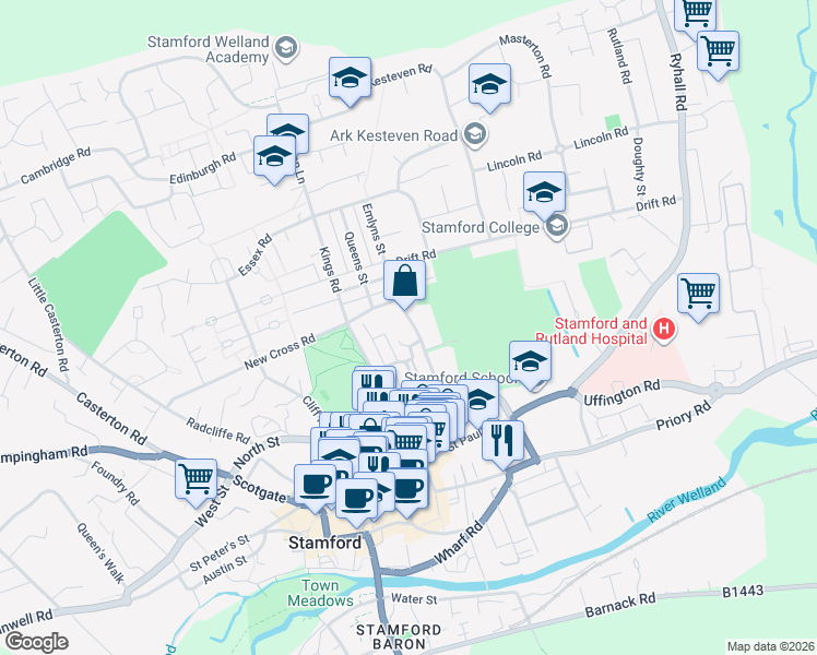 map of restaurants, bars, coffee shops, grocery stores, and more near in Peterborough