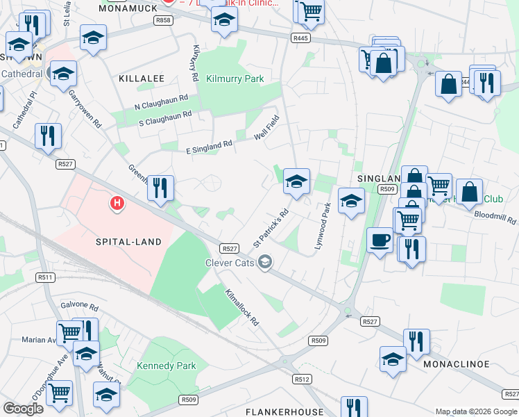 map of restaurants, bars, coffee shops, grocery stores, and more near 50 Fairgreen in Limerick