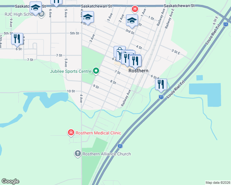 map of restaurants, bars, coffee shops, grocery stores, and more near 1008 9 Street in Rosthern