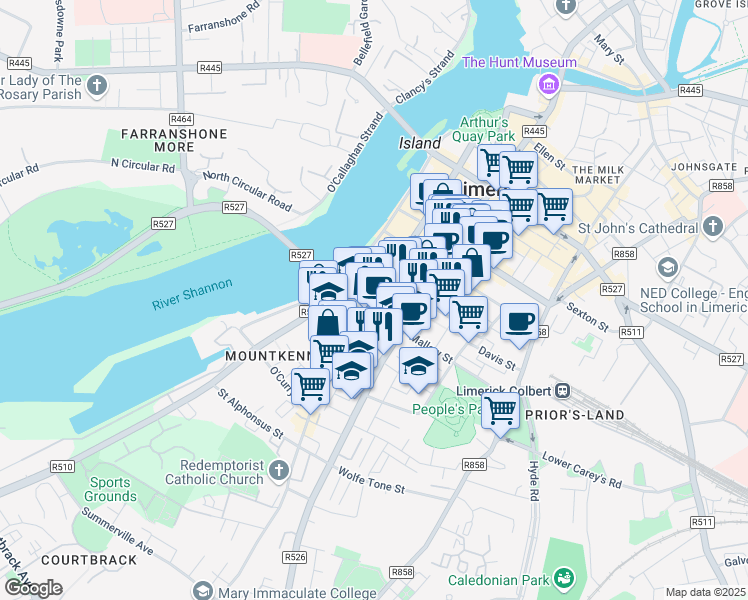 map of restaurants, bars, coffee shops, grocery stores, and more near Henry Street in Limerick