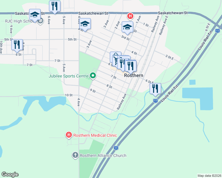 map of restaurants, bars, coffee shops, grocery stores, and more near 1008 9 Street in Rosthern