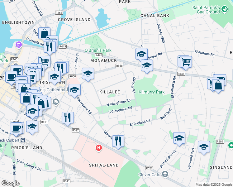map of restaurants, bars, coffee shops, grocery stores, and more near 16 North Claughaun Road in Garryowen