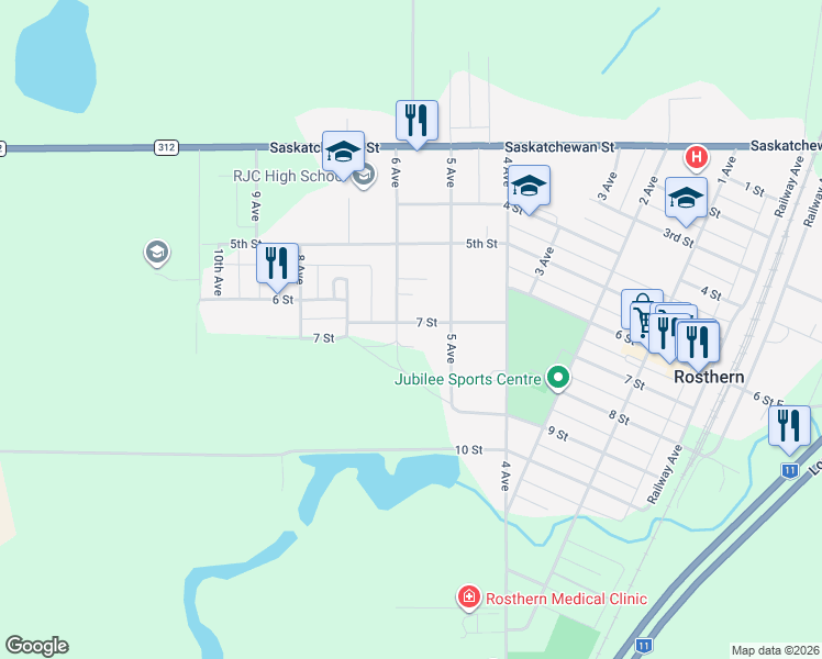 map of restaurants, bars, coffee shops, grocery stores, and more near 6009 7 Street in Rosthern