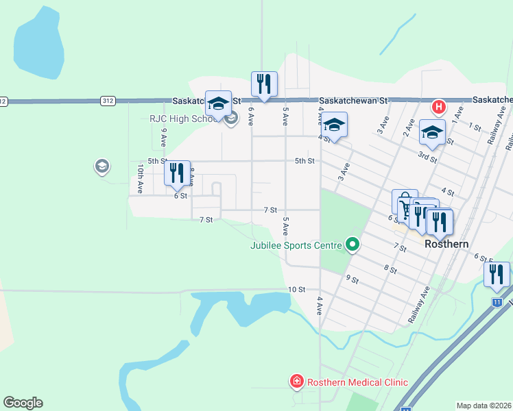 map of restaurants, bars, coffee shops, grocery stores, and more near 6009 7 Street in Rosthern