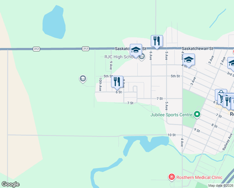 map of restaurants, bars, coffee shops, grocery stores, and more near 9005 6 Street in Rosthern