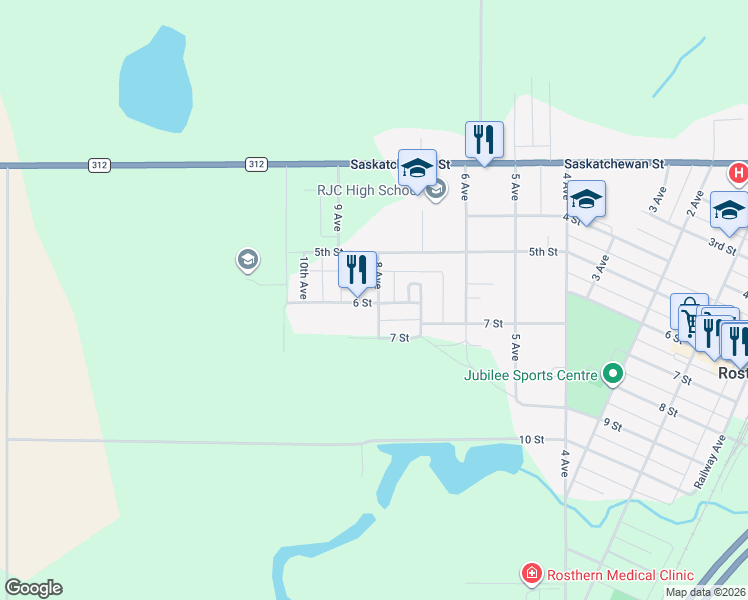 map of restaurants, bars, coffee shops, grocery stores, and more near 9005 6 Street in Rosthern