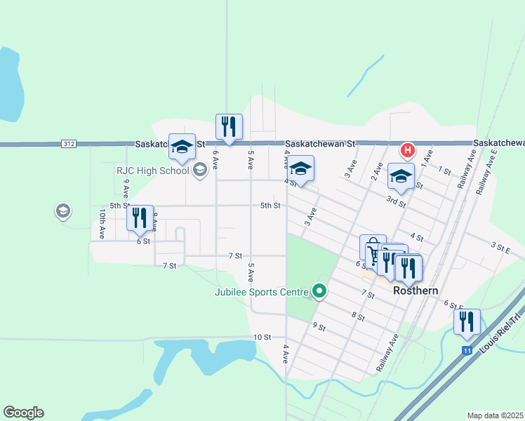 map of restaurants, bars, coffee shops, grocery stores, and more near 5007 5th Street in Rosthern