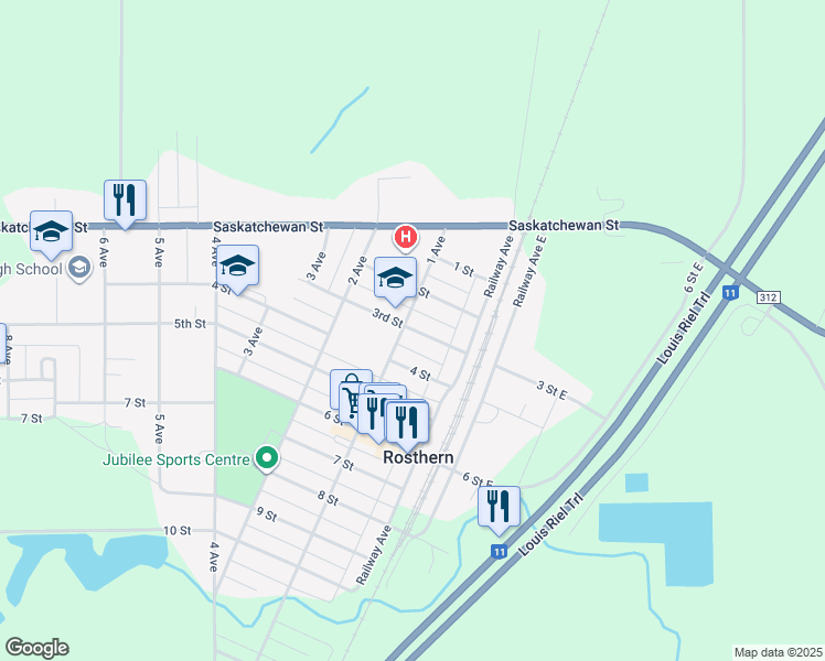 map of restaurants, bars, coffee shops, grocery stores, and more near 1014 3rd Street in Rosthern