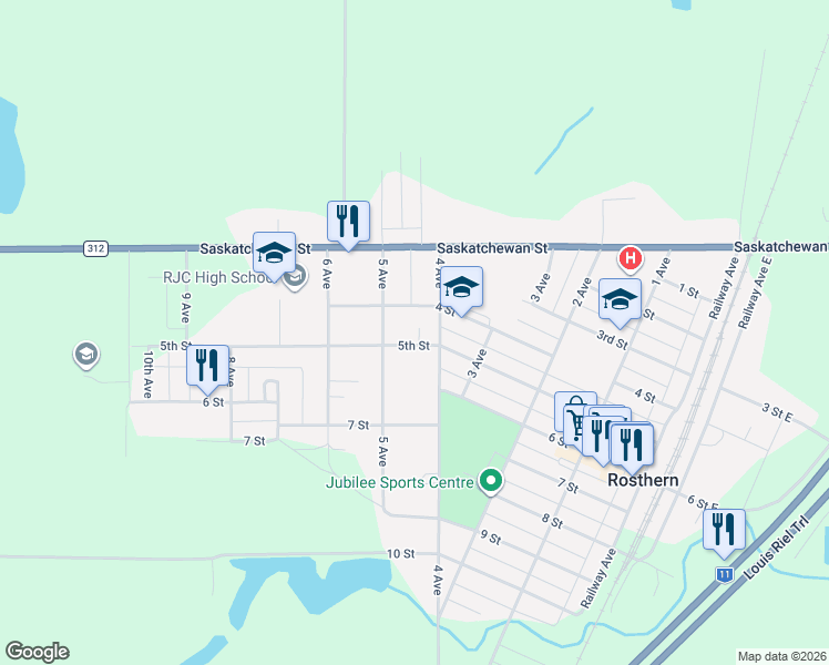 map of restaurants, bars, coffee shops, grocery stores, and more near 5007 5th Street in Rosthern