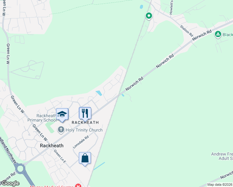 map of restaurants, bars, coffee shops, grocery stores, and more near Salhouse Road in Norfolk