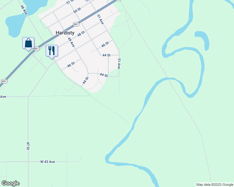map of restaurants, bars, coffee shops, grocery stores, and more near 4308 51 Avenue in Hardisty