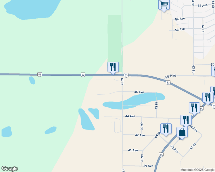 map of restaurants, bars, coffee shops, grocery stores, and more near 6707 Highway 53 in Ponoka