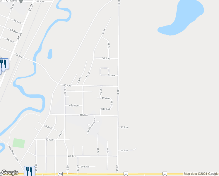 map of restaurants, bars, coffee shops, grocery stores, and more near 3817 50 Avenue in Ponoka