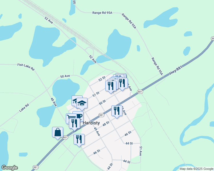 map of restaurants, bars, coffee shops, grocery stores, and more near 5040 51 Avenue in Hardisty