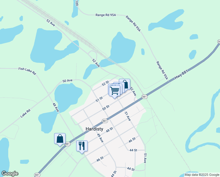 map of restaurants, bars, coffee shops, grocery stores, and more near 5040 51 Avenue in Hardisty
