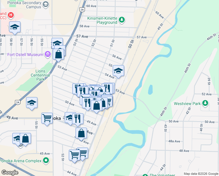 map of restaurants, bars, coffee shops, grocery stores, and more near in Ponoka