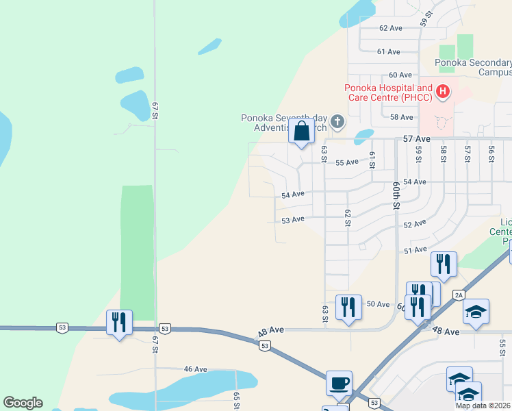 map of restaurants, bars, coffee shops, grocery stores, and more near 6415 54 Avenue in Ponoka