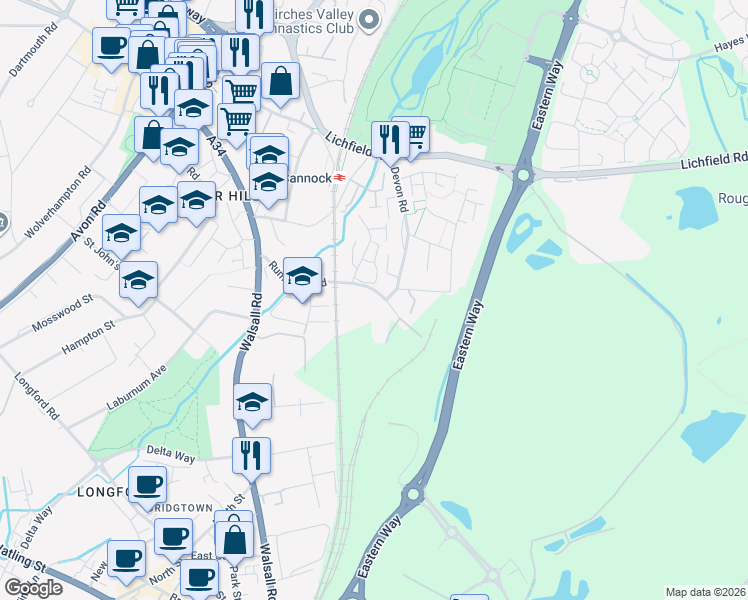map of restaurants, bars, coffee shops, grocery stores, and more near Rumer Hill Road in Staffordshire