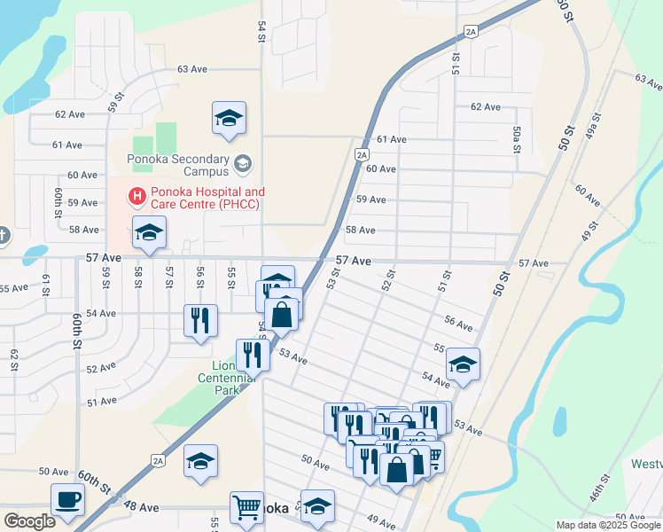 map of restaurants, bars, coffee shops, grocery stores, and more near 5602 53 Street in Ponoka