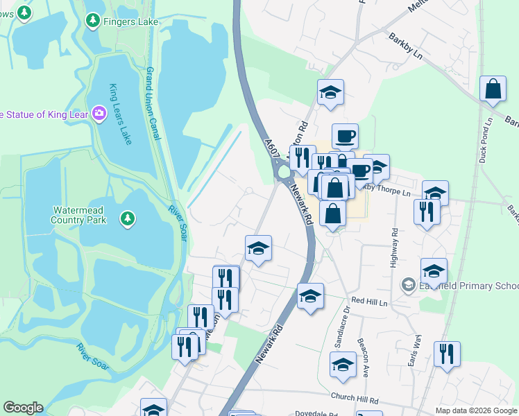 map of restaurants, bars, coffee shops, grocery stores, and more near 854 Melton Road in Thurmaston