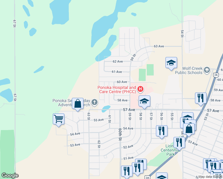 map of restaurants, bars, coffee shops, grocery stores, and more near 5806 60th Street in Ponoka
