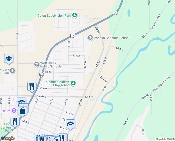 map of restaurants, bars, coffee shops, grocery stores, and more near 5000 60 Avenue in Ponoka