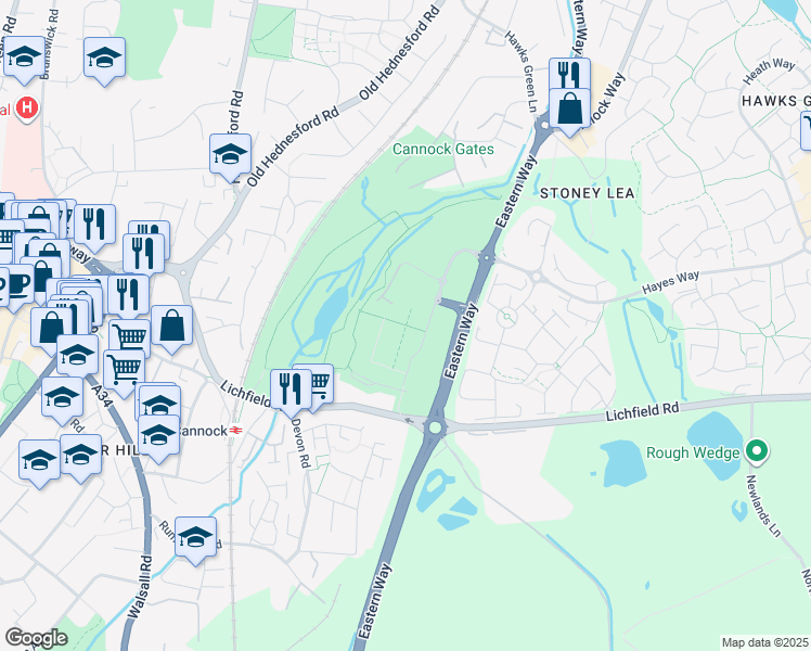 map of restaurants, bars, coffee shops, grocery stores, and more near Rumer Hill Road in Staffordshire