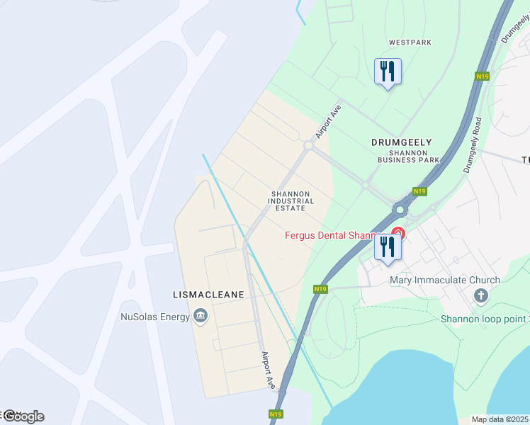 map of restaurants, bars, coffee shops, grocery stores, and more near Airport Avenue in Shannon