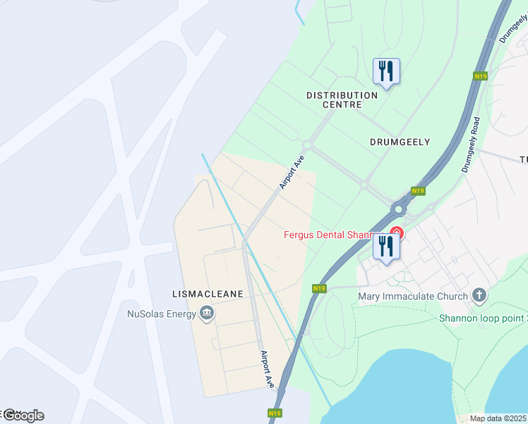 map of restaurants, bars, coffee shops, grocery stores, and more near Airport Avenue in Shannon