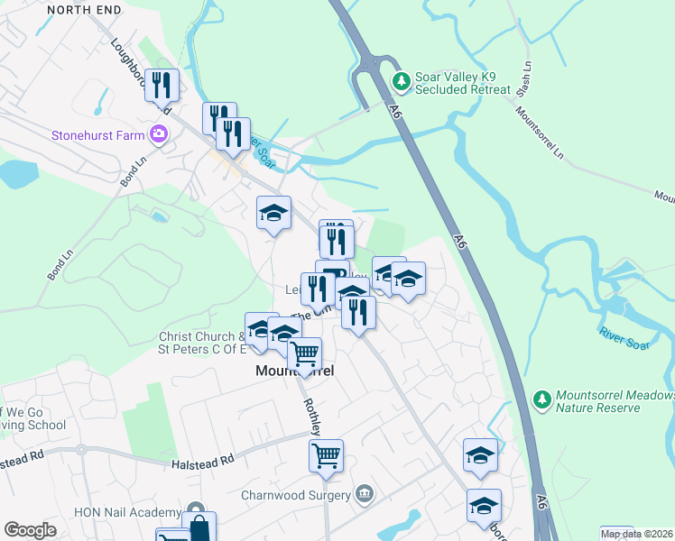 map of restaurants, bars, coffee shops, grocery stores, and more near 85 Leicester Road in Mountsorrel