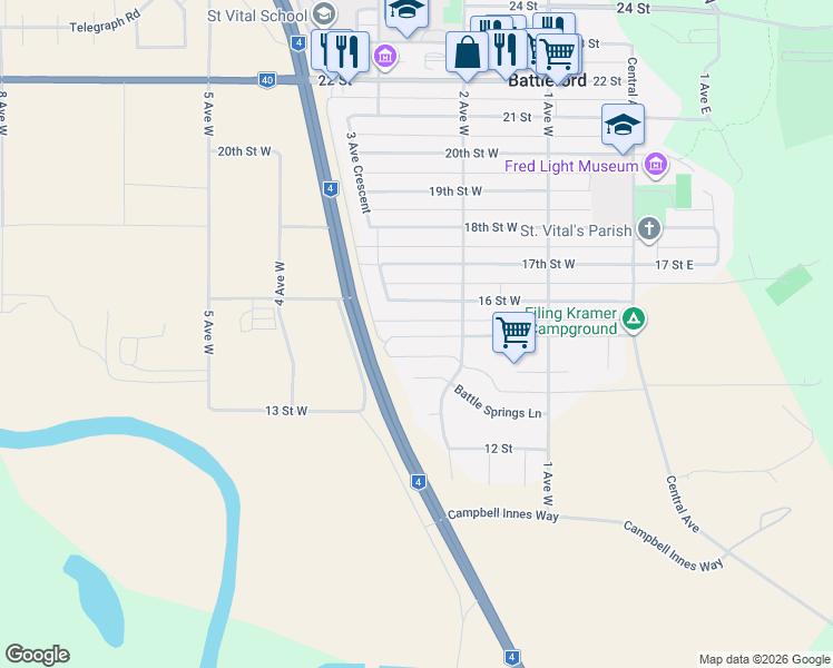 map of restaurants, bars, coffee shops, grocery stores, and more near 221 16 Street West in Battleford