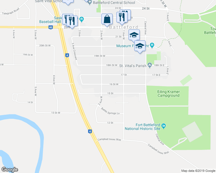 map of restaurants, bars, coffee shops, grocery stores, and more near 171 16 Street West in Battleford