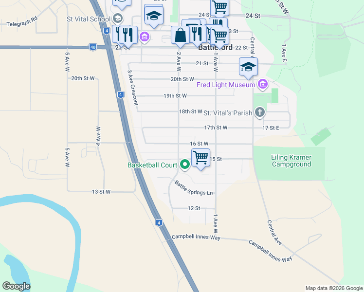 map of restaurants, bars, coffee shops, grocery stores, and more near 171 16 Street West in Battleford