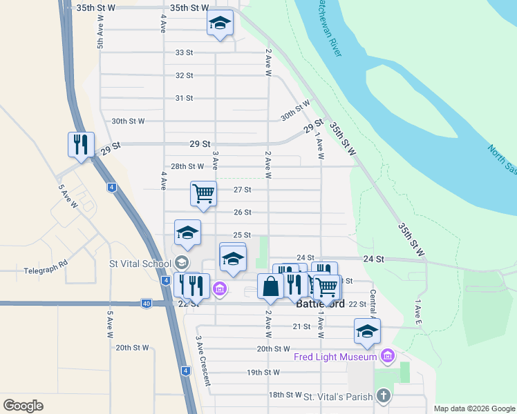map of restaurants, bars, coffee shops, grocery stores, and more near 212 26 Street in Battleford