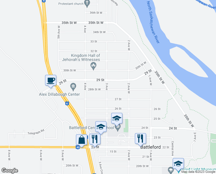 map of restaurants, bars, coffee shops, grocery stores, and more near 292 28 Street in Battleford