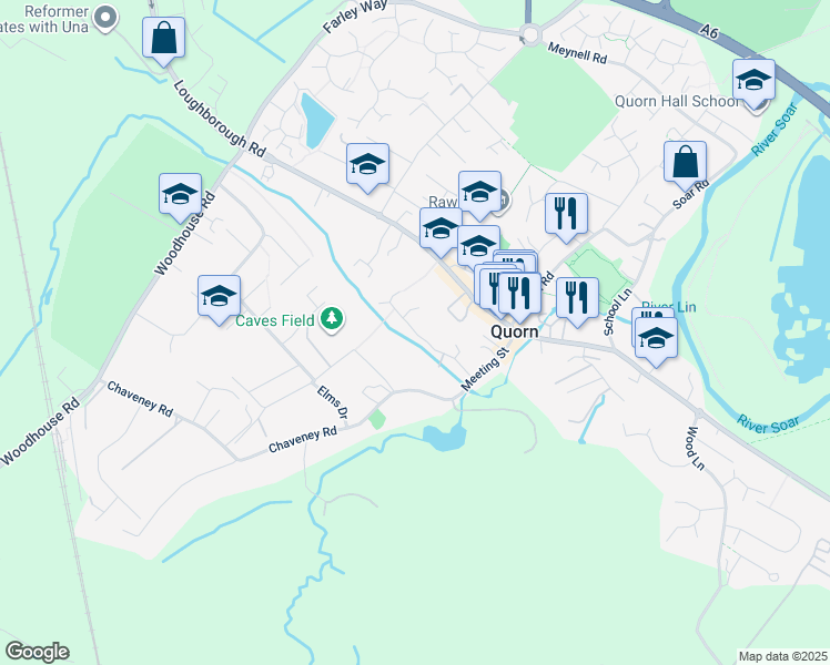 map of restaurants, bars, coffee shops, grocery stores, and more near Sanders Road in Quorn
