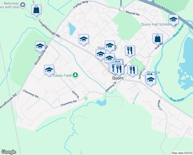map of restaurants, bars, coffee shops, grocery stores, and more near Sanders Road in Quorn