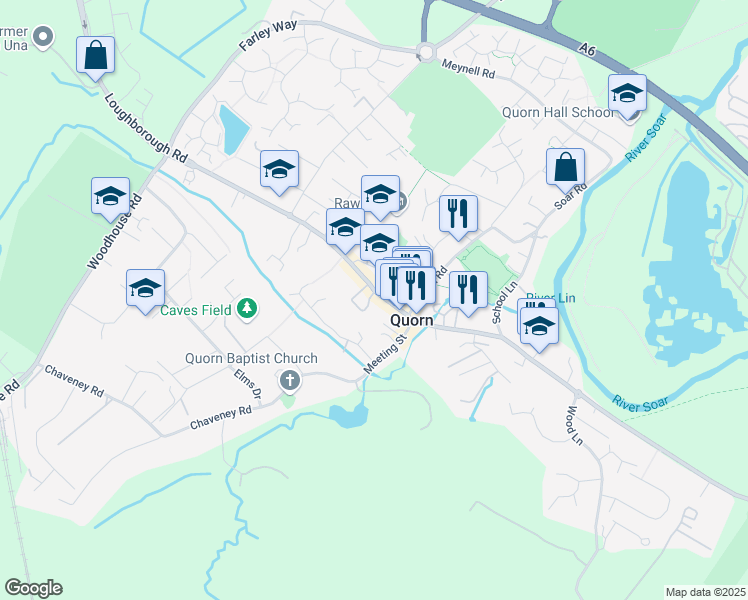 map of restaurants, bars, coffee shops, grocery stores, and more near High Street in Quorn