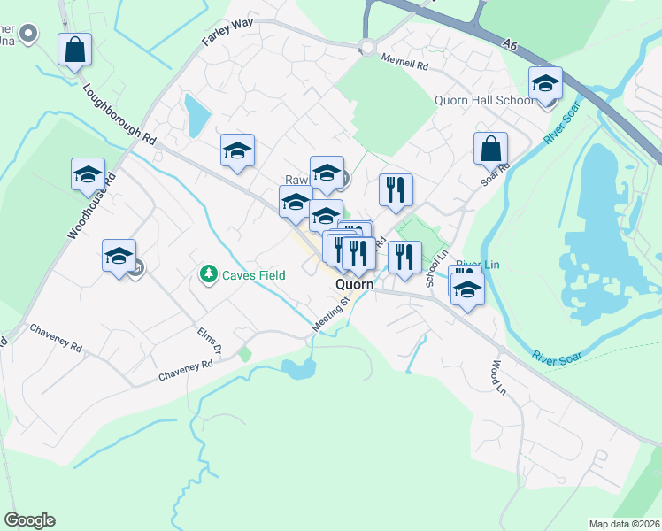 map of restaurants, bars, coffee shops, grocery stores, and more near High Street in Quorn
