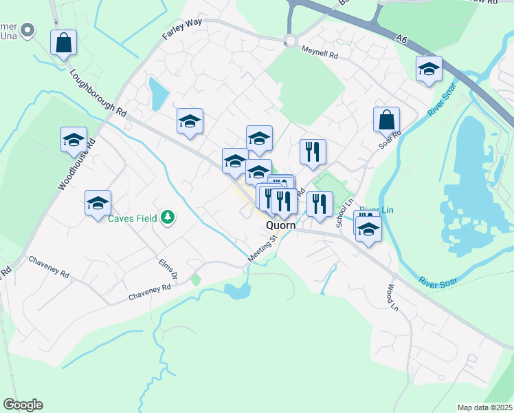 map of restaurants, bars, coffee shops, grocery stores, and more near High Street in Quorn