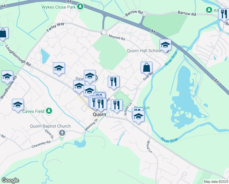 map of restaurants, bars, coffee shops, grocery stores, and more near Station Road in Quorn