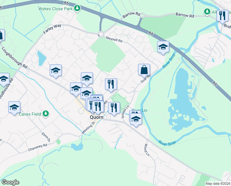 map of restaurants, bars, coffee shops, grocery stores, and more near Station Road in Quorn