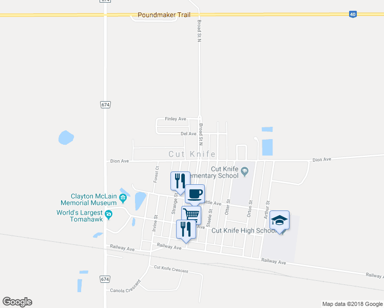 map of restaurants, bars, coffee shops, grocery stores, and more near in Cut Knife