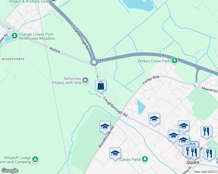 map of restaurants, bars, coffee shops, grocery stores, and more near Dustmoor Drive in Quorn