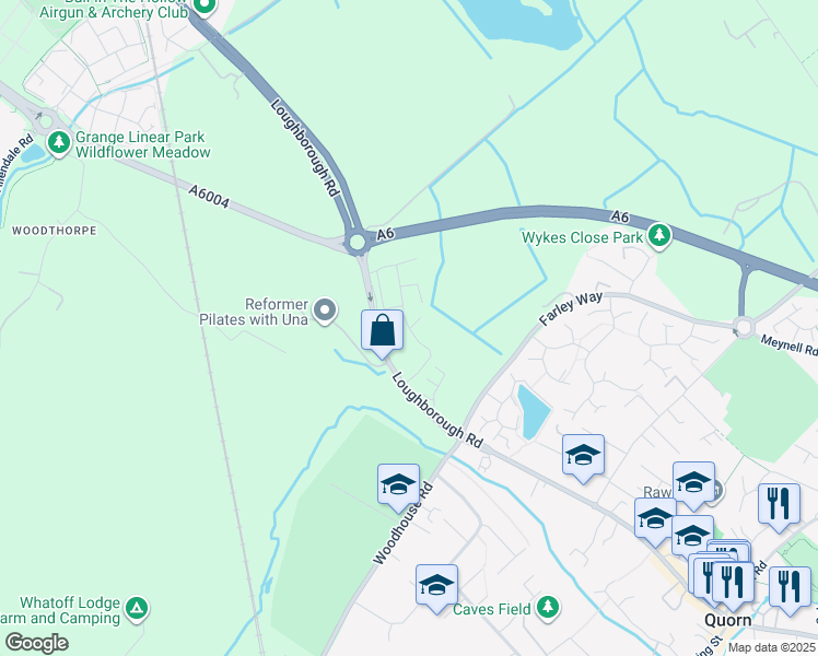 map of restaurants, bars, coffee shops, grocery stores, and more near Dustmoor Drive in Quorn