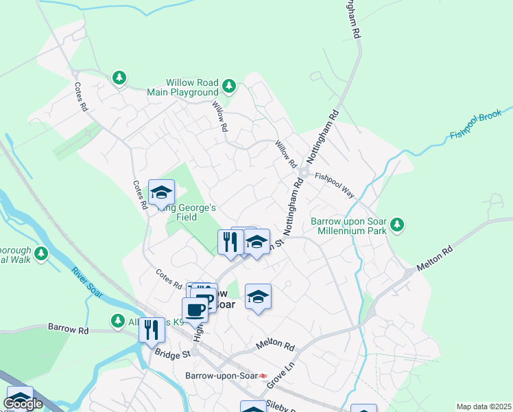map of restaurants, bars, coffee shops, grocery stores, and more near Ennerdale Road in Barrow upon Soar