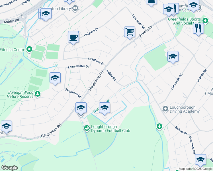 map of restaurants, bars, coffee shops, grocery stores, and more near Brookside Road in Leicestershire