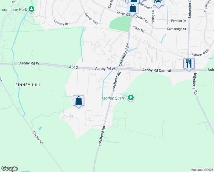 map of restaurants, bars, coffee shops, grocery stores, and more near Abbey Close in Shepshed