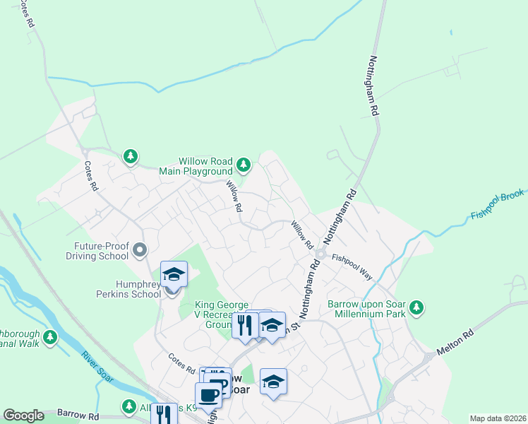 map of restaurants, bars, coffee shops, grocery stores, and more near Cobble Close in Barrow upon Soar