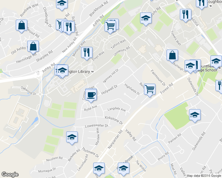 map of restaurants, bars, coffee shops, grocery stores, and more near Holywell Drive in Leicestershire